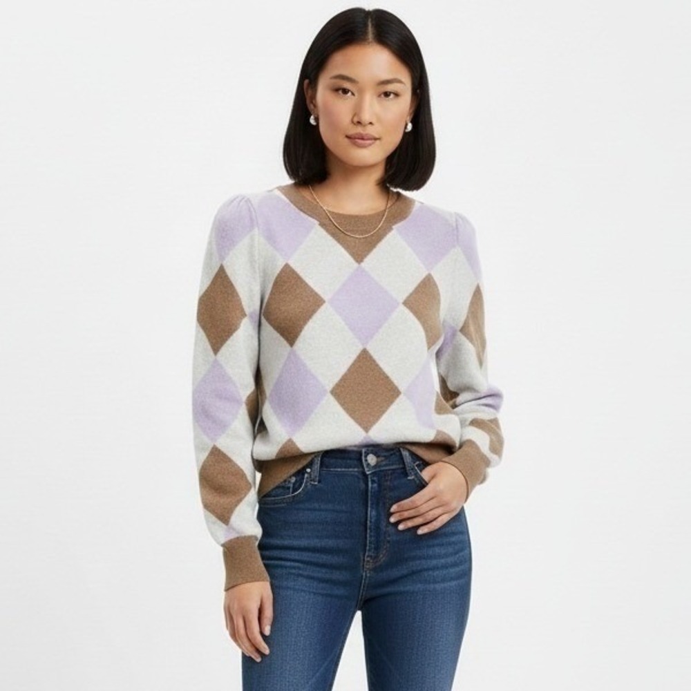 Loft Argyle Puff Sleeve Pullover Sweater Purple Tan Plaid Knit Top Size XL